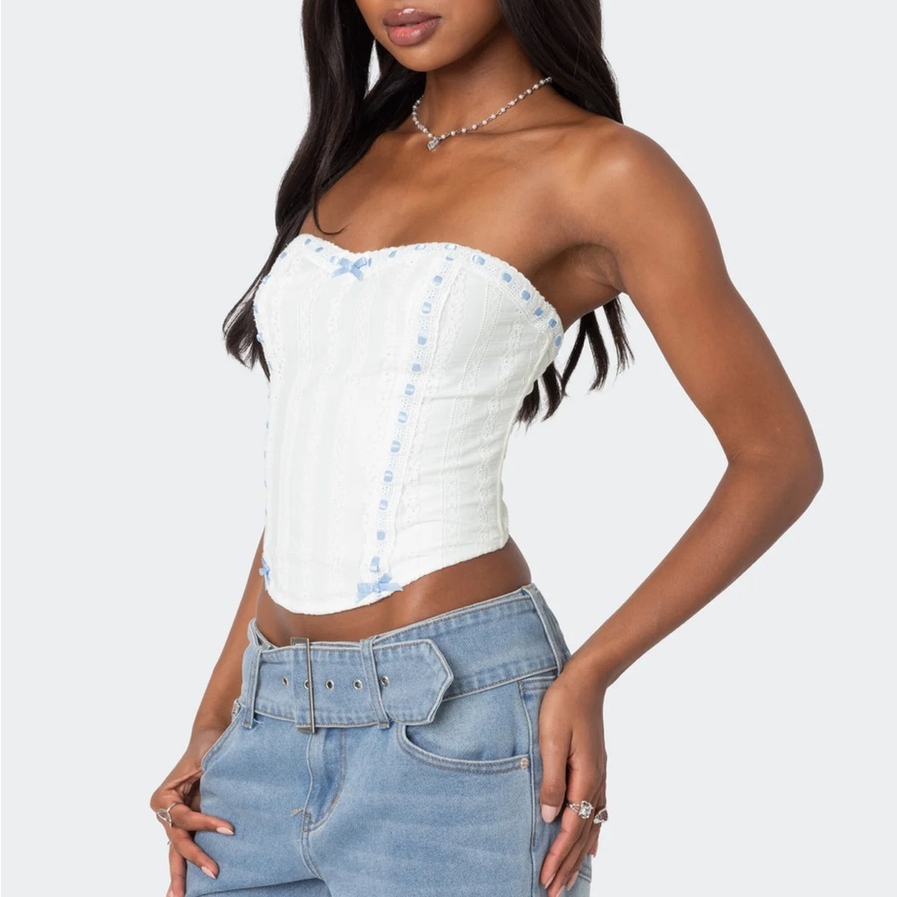 EDIKTED Ribbon Blue and White Corset Top #corsettop - Picture 2 of 6